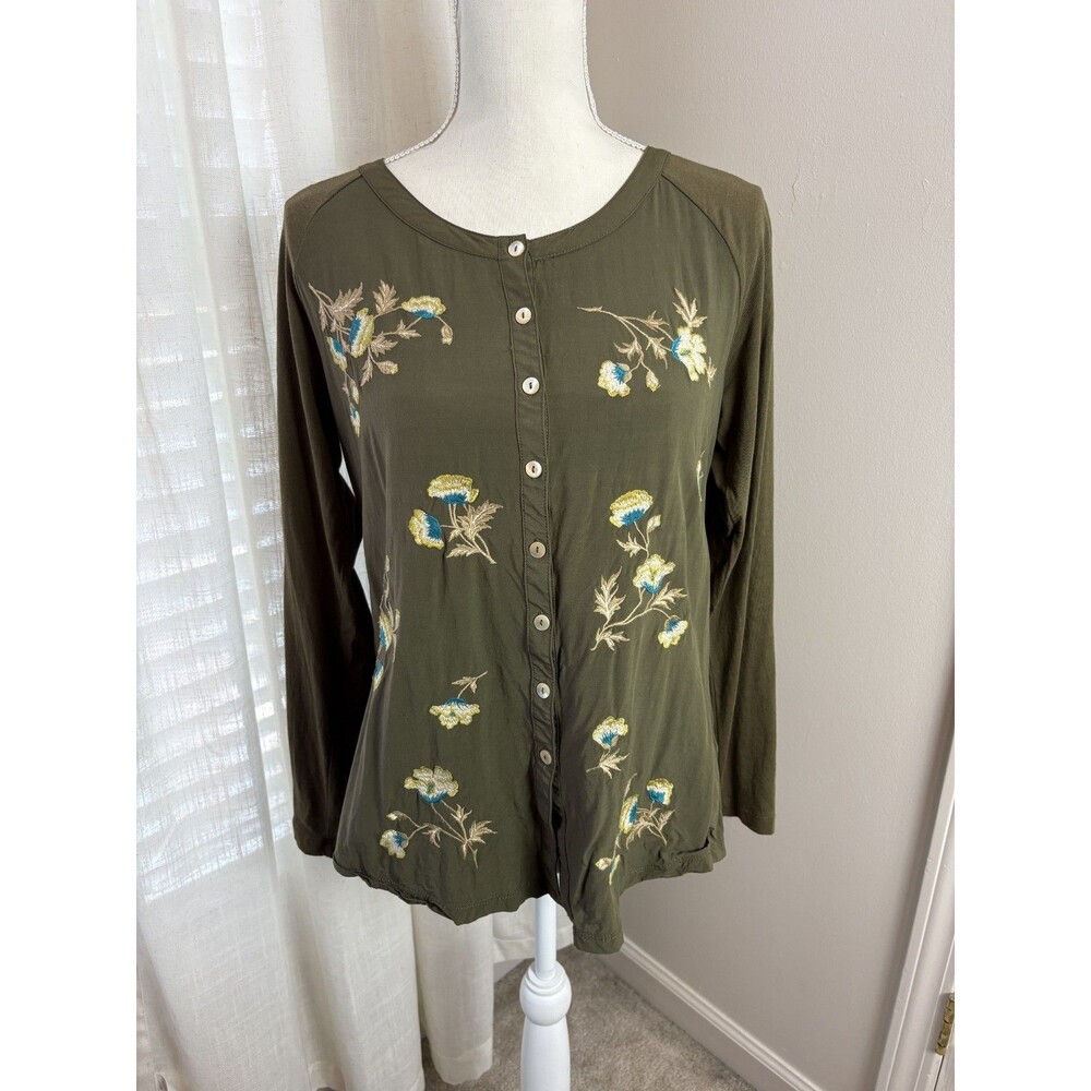 J Jill Embroidered Woven Shirt Green with Flowers Spring Size Small Women